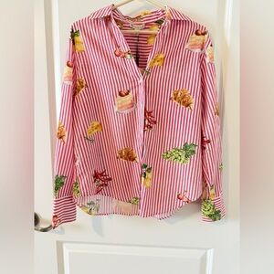 NWT Eliane Rose Small Pink Striped Euro Paris Food Print Button Down Shirt